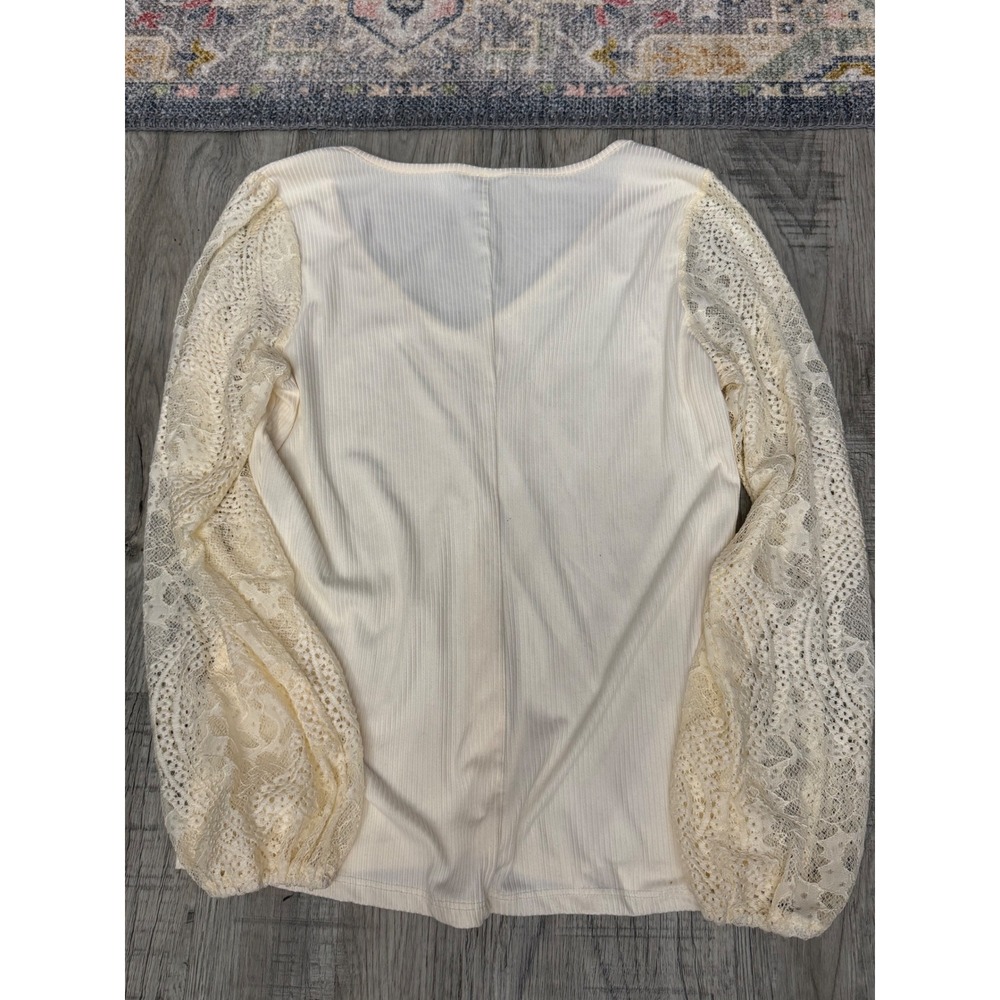 Daytrip Womens Ribbed V-Neck Top Cream Lace Balloon Sleeve Blouse Ivory Large - Picture 4 of 4